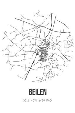 Beilen 'in soyut sokak haritası Midden-Drenthe belediyesinde yer almaktadır. Çizgileri olan şehir haritası