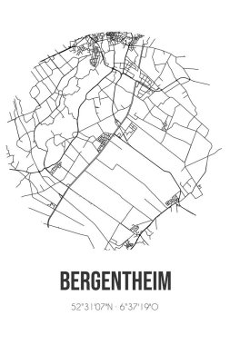 Hardenberg 'in Overijssel belediyesinde bulunan Bergentheim' in soyut sokak haritası. Çizgileri olan şehir haritası