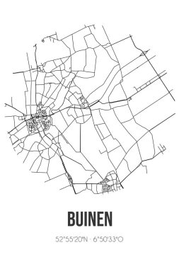 Buinen 'in soyut sokak haritası Drenthe Borger-Odoorn belediyesinde yer almaktadır. Çizgileri olan şehir haritası