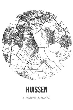 Huissen 'in soyut sokak haritası Lingewaard' ın Gelderland belediyesinde bulunmaktadır. Çizgileri olan şehir haritası