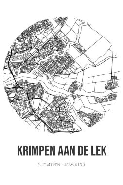 Krimpen aan de Lek 'in soyut sokak haritası Krimpenerwaard' ın Zuid-Holland belediyesinde bulunuyor. Çizgileri olan şehir haritası
