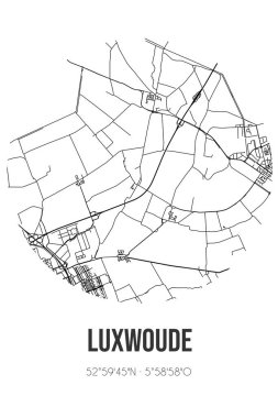 Luxwoude 'un soyut sokak haritası Fryslan' ın Opsterland belediyesinde yer almaktadır. Çizgileri olan şehir haritası