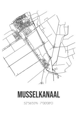 Stadskanaal 'ın Groningen belediyesinde bulunan Musselkanaal' ın soyut sokak haritası. Çizgileri olan şehir haritası