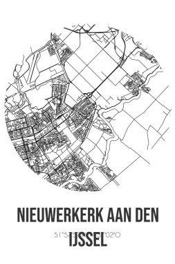 Zuidplas 'ın Zuid-Holland belediyesinde Nieuwerkerk aan den IJssel' in soyut sokak haritası. Çizgileri olan şehir haritası