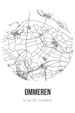 Buren 'in Gelderland belediyesinde yer alan Ommeren' in soyut sokak haritası. Çizgileri olan şehir haritası
