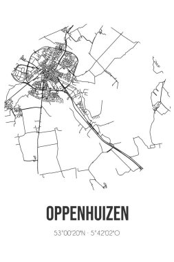 Sudwest-Fryslan 'ın Fryslan belediyesinde yer alan Oppenhuizen soyut sokak haritası. Çizgileri olan şehir haritası