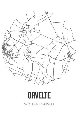 Midden-Drenthe belediyesinde bulunan Orvelte 'nin soyut sokak haritası. Çizgileri olan şehir haritası