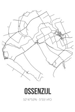 Steenwijkerland 'ın Overijssel belediyesinde bulunan Ossenzijl' in soyut sokak haritası. Çizgileri olan şehir haritası