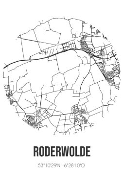 Roderwolde 'un soyut sokak haritası Drenthe Belediyesi Noordenveld' de yer almaktadır. Çizgileri olan şehir haritası