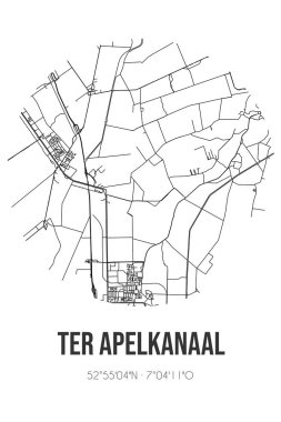 Westerwolde 'un Groningen belediyesinde bulunan Ter Apelkanaal' ın soyut sokak haritası. Çizgileri olan şehir haritası