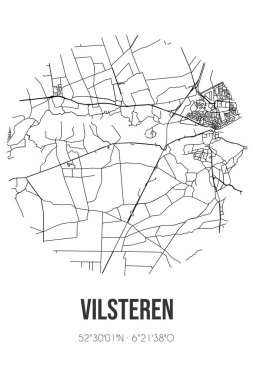 Ommen 'in Overijssel belediyesinde yer alan Vilsteren soyut sokak haritası. Çizgileri olan şehir haritası