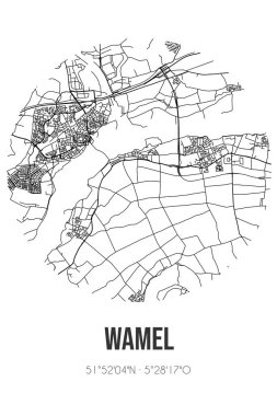 Wamel 'in soyut sokak haritası Batı Maas en Waal' ın Gelderland belediyesinde bulunmaktadır. Çizgileri olan şehir haritası