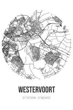 Westervoort 'un soyut sokak haritası Westervoort' un Gelderland belediyesinde yer almaktadır. Çizgileri olan şehir haritası