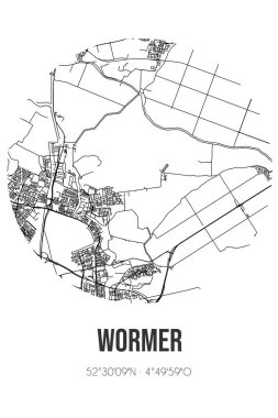 Wormer 'in soyut sokak haritası, Wormerland' ın Noord-Holland belediyesinde yer almaktadır. Çizgileri olan şehir haritası