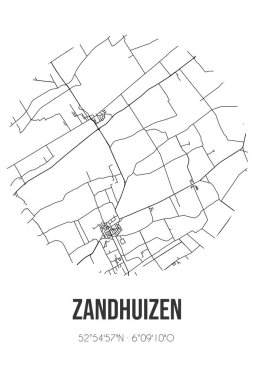 Weststellingwerf Fryslan belediyesinde bulunan Zandhuizen 'in soyut sokak haritası. Çizgileri olan şehir haritası