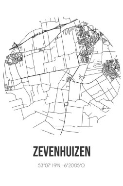 Westerkwartier 'in Groningen belediyesinde yer alan Zevenhuizen' in soyut sokak haritası. Çizgileri olan şehir haritası