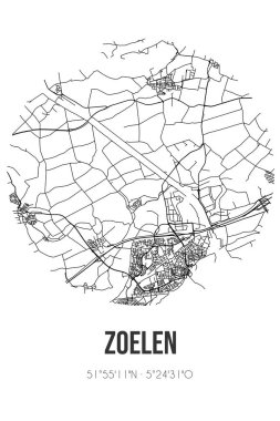 Buren 'in Gelderland belediyesinde Zoelen' in soyut sokak haritası. Çizgileri olan şehir haritası