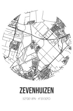 Zuidplas 'ın Zuid-Holland belediyesinde yer alan Zevenhuizen soyut sokak haritası. Çizgileri olan şehir haritası