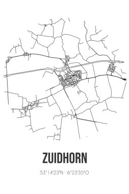 Westerkwartier 'in Groningen belediyesinde yer alan Zuidhorn' un soyut sokak haritası. Çizgileri olan şehir haritası