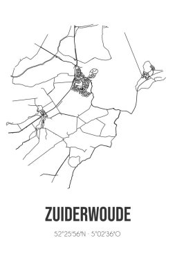 Zuiderwoude 'un soyut sokak haritası Waterland' ın Noord-Holland belediyesinde yer almaktadır. Çizgileri olan şehir haritası