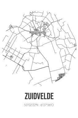 Noordenveld Drenthe belediyesinde bulunan Zuidvelde 'nin soyut sokak haritası. Çizgileri olan şehir haritası
