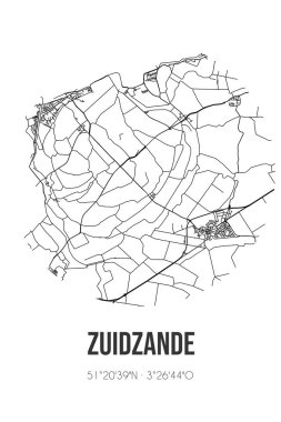 Sluis 'in Zeeland belediyesinde yer alan Zuidzande' nin soyut sokak haritası. Çizgileri olan şehir haritası
