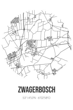 Noardeast-Fryslan 'ın Fryslan belediyesinde yer alan Zwagerbosch' un soyut sokak haritası. Çizgileri olan şehir haritası