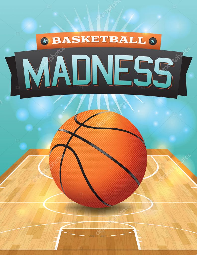 A vector illustration of a basketball on a hardwood court. Illustration is perfect for college basketball tournament, basketball playoffs, flyers, posters, and more. Vector EPS 10 available. EPS file contains transparencies and gradient mesh. EPS is