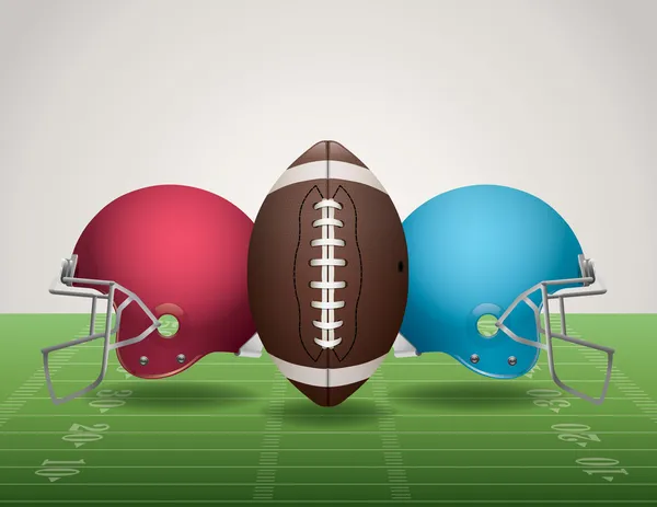 Американское футбольное поле, мяч и шлемы — стоковый вектор