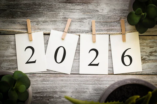 Set Printed Cards Spelling Year 2026 Aged Wooden Background — Stock Photo, Image