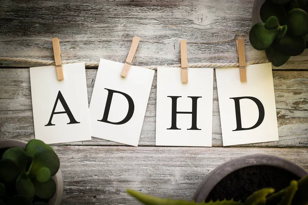 Set Printed Cards Spelling Word Adhd Aged Wooden Background — Stock Photo, Image