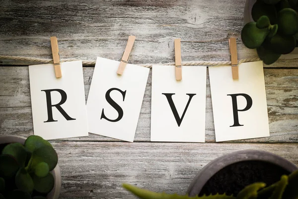 Set Printed Cards Spelling Word Rsvp Aged Wooden Background — Stock Photo, Image