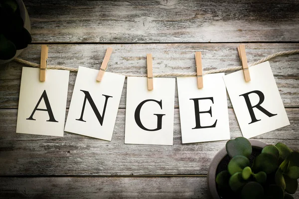 Set Printed Cards Spelling Word Anger Aged Wooden Background — Stock Photo, Image