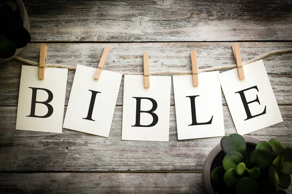 Set Printed Cards Spelling Word Bible Aged Wooden Background — Stock Photo, Image