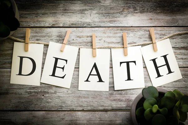 Set Printed Cards Spelling Word Death Aged Wooden Background — Stock Photo, Image