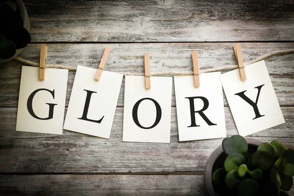 Set Printed Cards Spelling Word Glory Aged Wooden Background — Stock Photo, Image