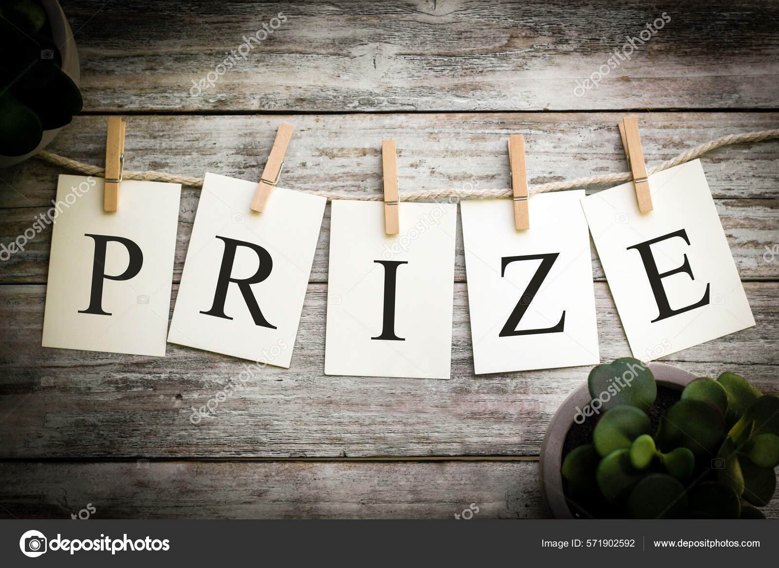 Set Printed Cards Spelling Word Prize Aged Wooden Background — Stock ...