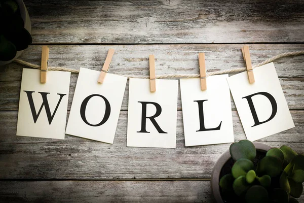 Een Set Van Gedrukte Kaarten Spelling Het Woord World Een — Stockfoto