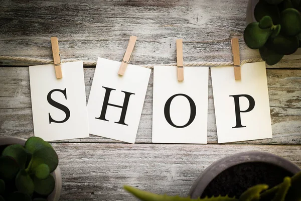 Ein Satz Bedruckter Karten Die Das Wort Shop Auf Einem — Stockfoto