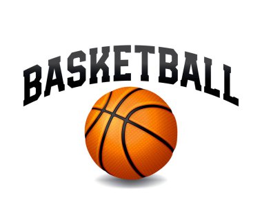 Beyaz arka planda BASKETBALL kelimesi izole edilmiş bir top illüstrasyonunu kapsıyor. Vektör EPS 10 kullanılabilir.