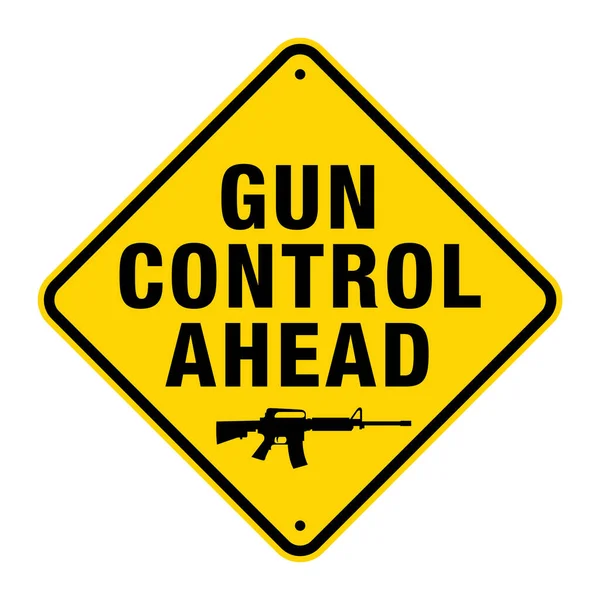Yellow Road Sign Words Gun Control Ahead Assault Rifle Illustration — Stock vektor