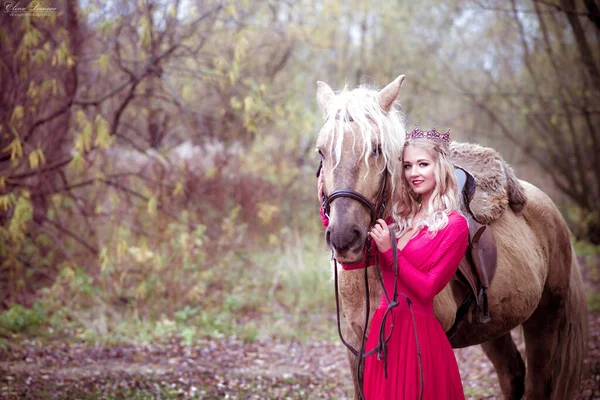 Όμορφη Γυναίκα Στέμμα Ξανθιά Ανοιχτό Γκρι Άλογο Πριγκίπισσα Στο Παραμύθι — Φωτογραφία Αρχείου