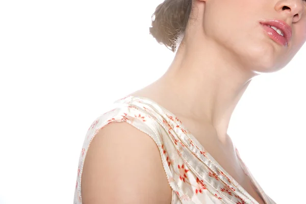 Beauty portrait of a young woman's neck, shoulders and lips glowing — Stock Photo, Image