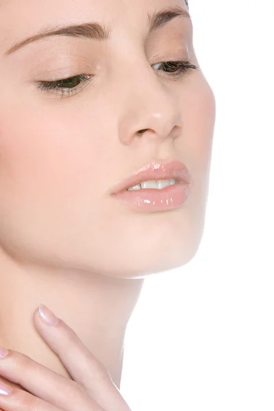 Beauty portrait of a young woman wearing glossy lipstick — Stock Photo, Image