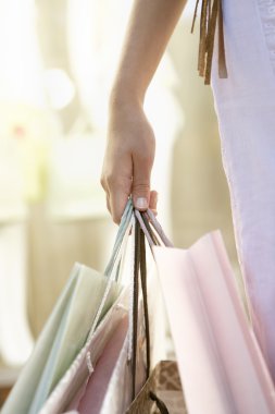 detay yakın çekim tarafından moda mağaza alışveriş torbaları tutan bir kadın eli.
