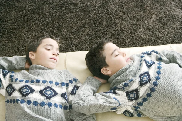 Overhead view of two identical twin brothers sleeping on a sofa in the living room. — Zdjęcie stockowe