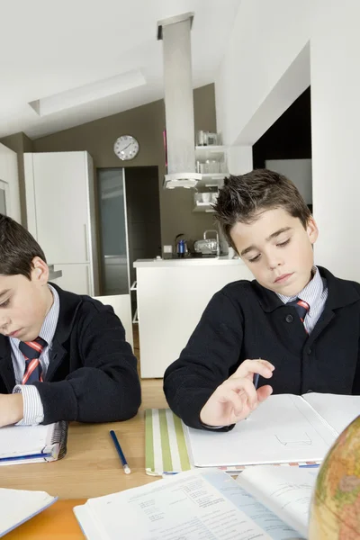 Dos hermanos gemelos idénticos haciendo su tarea en la mesa de la cocina . — Foto de Stock