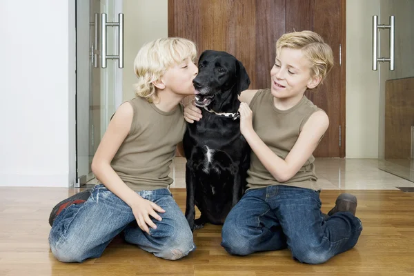 Dois irmãos em casa beijando e abraçando seu cão de estimação . — Fotografia de Stock