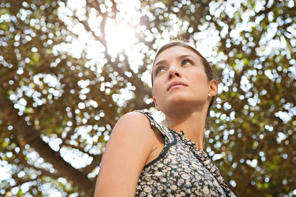 Unga attraktiva affärskvinna mot några träd lämnar filtrering solen. — Stockfoto