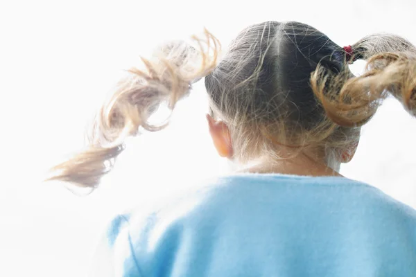 Rear view of a young girl's ponytails floating in the wind against the sky. — Stock Photo, Image